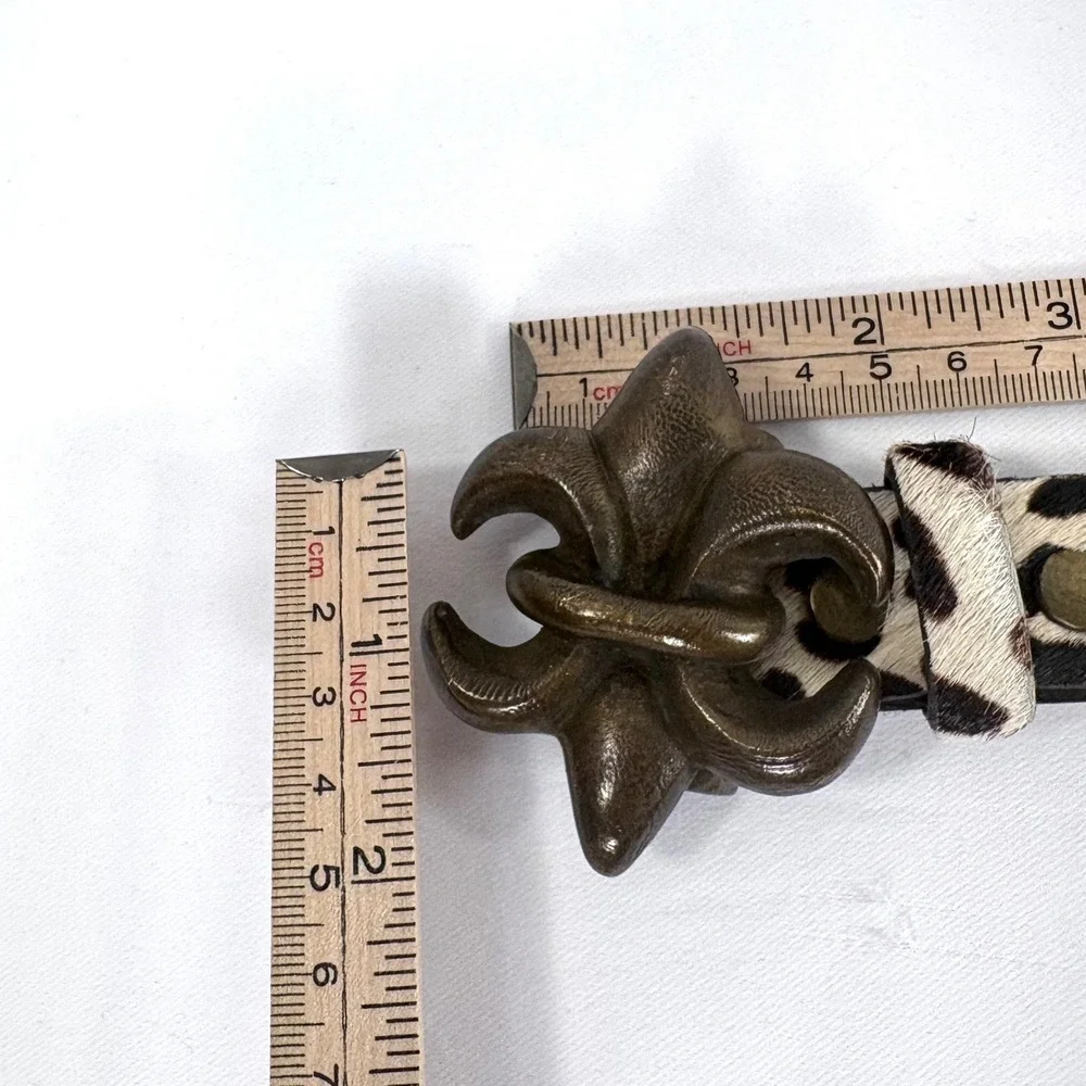 Calf Hair Belt Leopard Print Bronze‎ Fleur De Lis Buckle Brown Leather Vintage